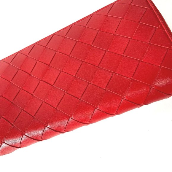 BOTTEGA VENETA 593217 Intrecciato Leather Round Zip Long Wallet for Women, Red - Picture 2 of 12